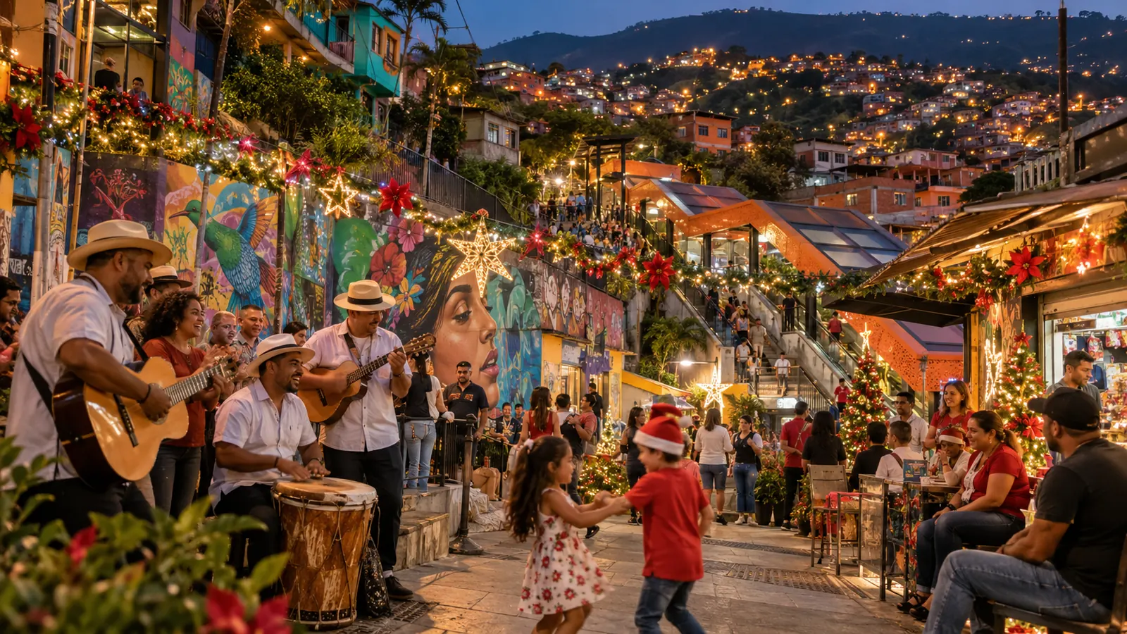 Ilustración de niños bailando en una calle decorada para Navidad