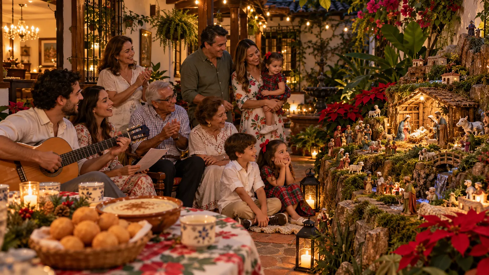 Ilustración de una familia paisa cantando villancicos junto al pesebre, con natilla y buñuelos en la mesa