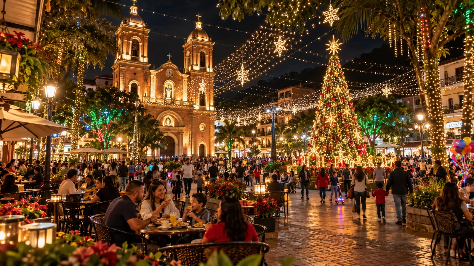 Ilustración de un parque iluminado con un gran árbol de Navidad y familias paseando