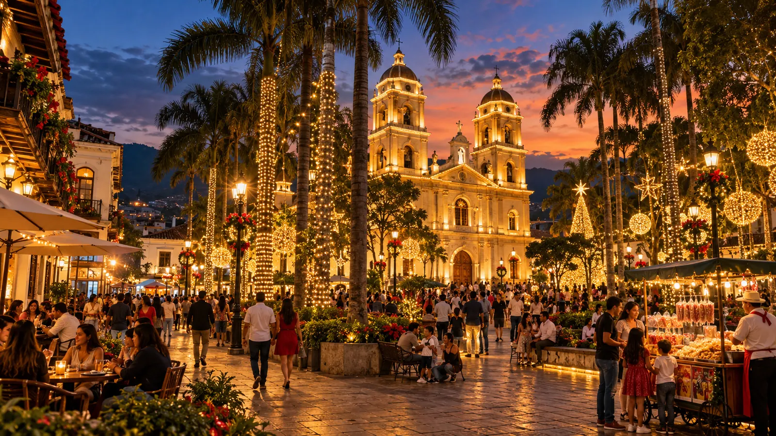 Ilustración de una plaza con iglesia y palmas iluminadas al atardecer
