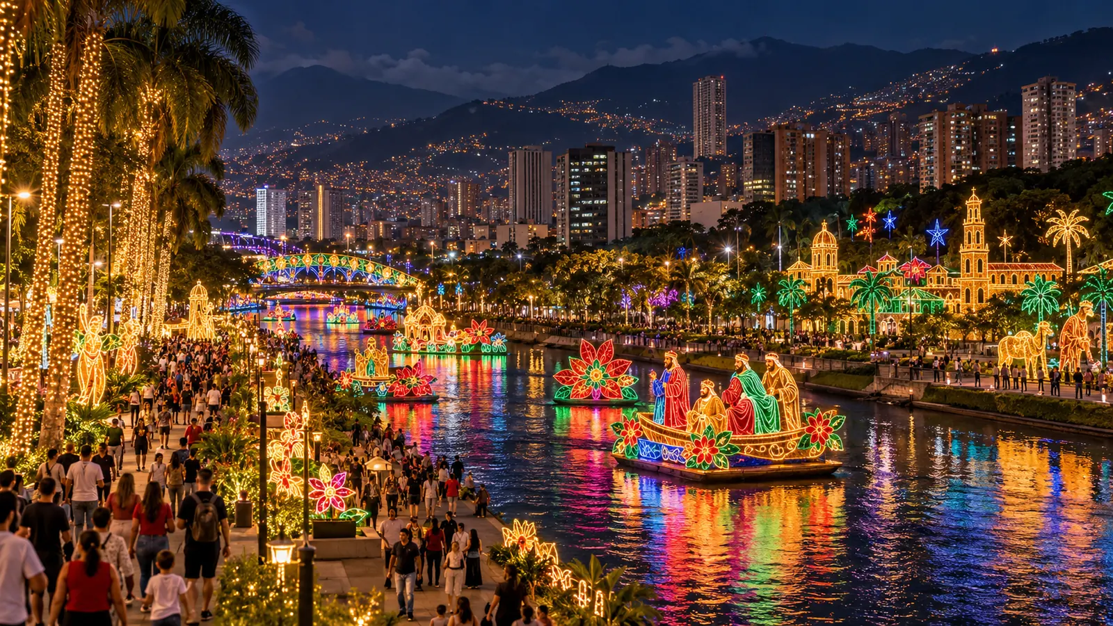 Ilustración del río de Medellín con figuras iluminadas y gente caminando